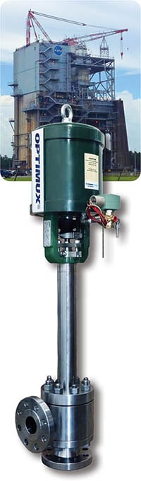 Trimteck's aerospace custom valves Optimux OpGL- XTSB Split Angle-Body LOX Valve